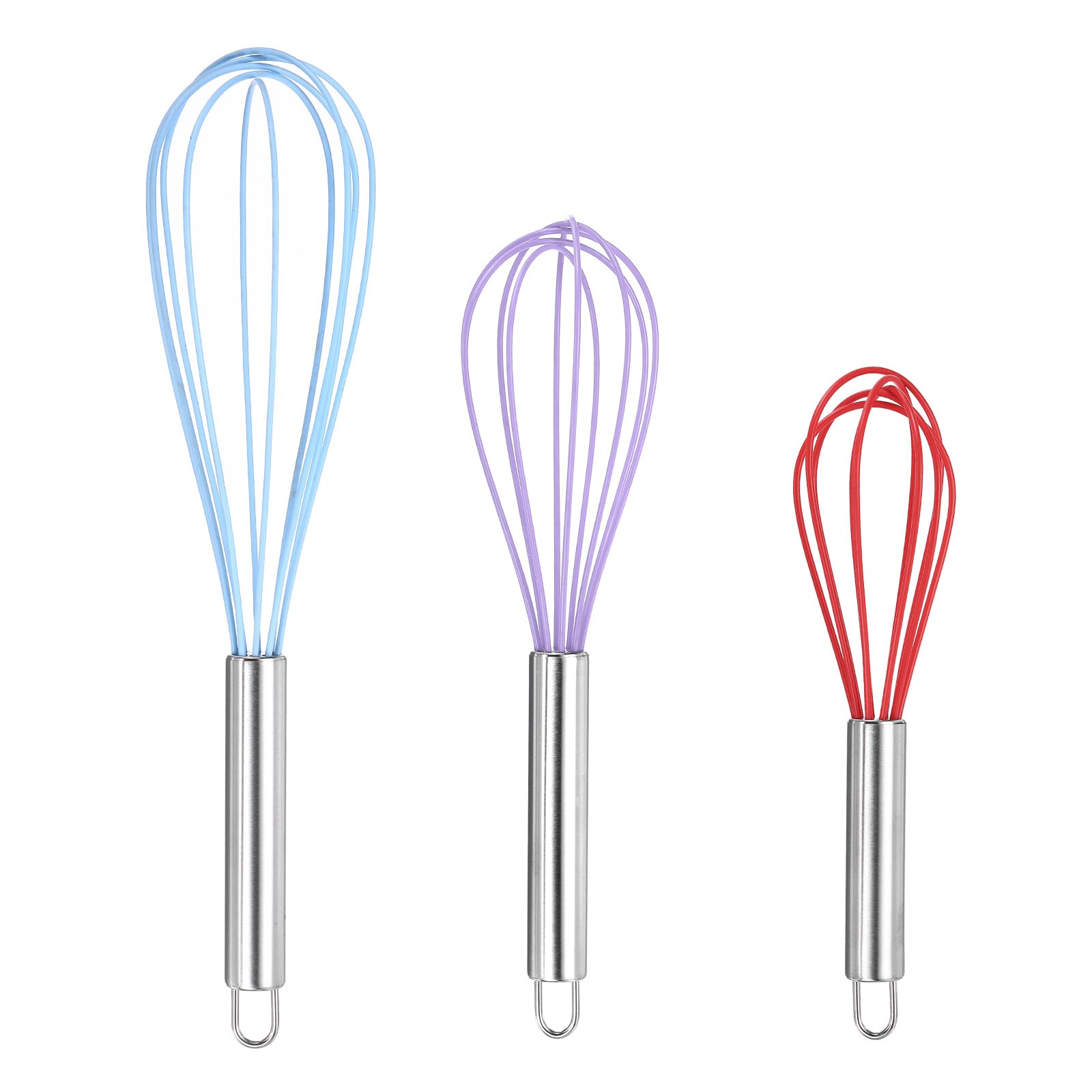 3Pcs Silicone Whisk 8" 10" 12" Kitchen Whisk Wire Whisks Beater Blue/Purple/Red
