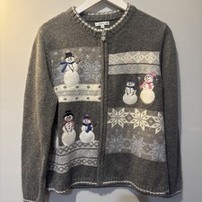 VTG Gray Medium Knitted Croft Barrow Women s Sweater Snowman Full Zip