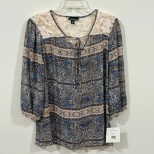 Signature Studio Boho Blouse L Blue Tan Paisley Lace Yoke 3/4 Sleeve Top