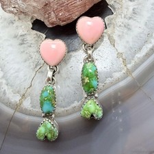 Sterling Southwestern Style Sonora Gold Turquoise & Pink Conch Dangle Earrings