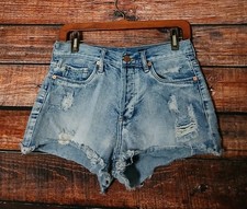 BLANK NYC Jean Shorts 27 High Rise Ripped Distressed Blue Denim Button Fly