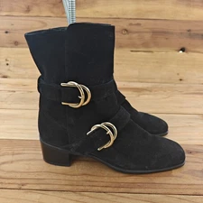 Stuart Weitzman Women's Black Suede Side Zip Block Heel Buckled Ankle Boots Sz 7