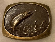 Vintage 1984 Metal Belt Buckle, Fish, Fishing, Steven L. Knight, Solid Bronze, N