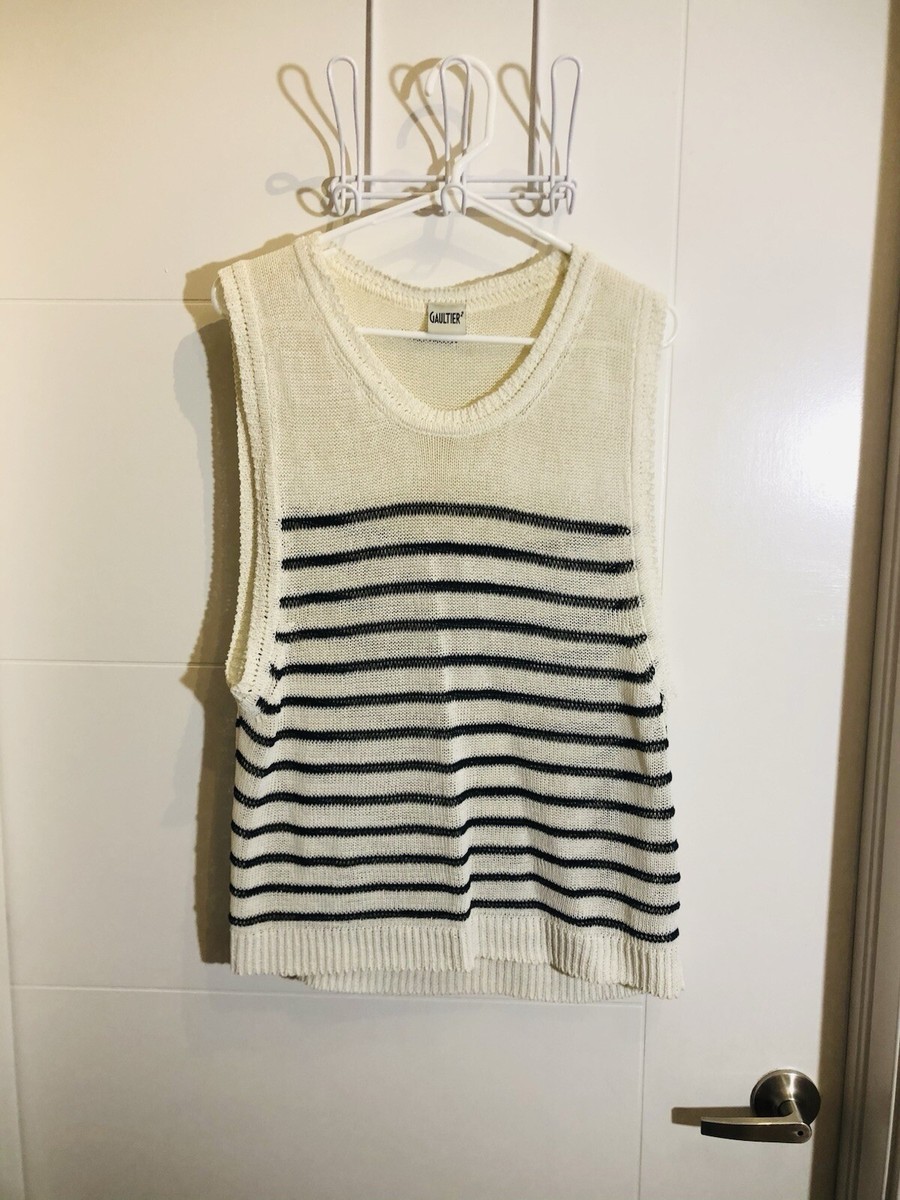 Vtg MALE Jean Paul Gaultier White & Navy pinestriped Mesh Tank Top
