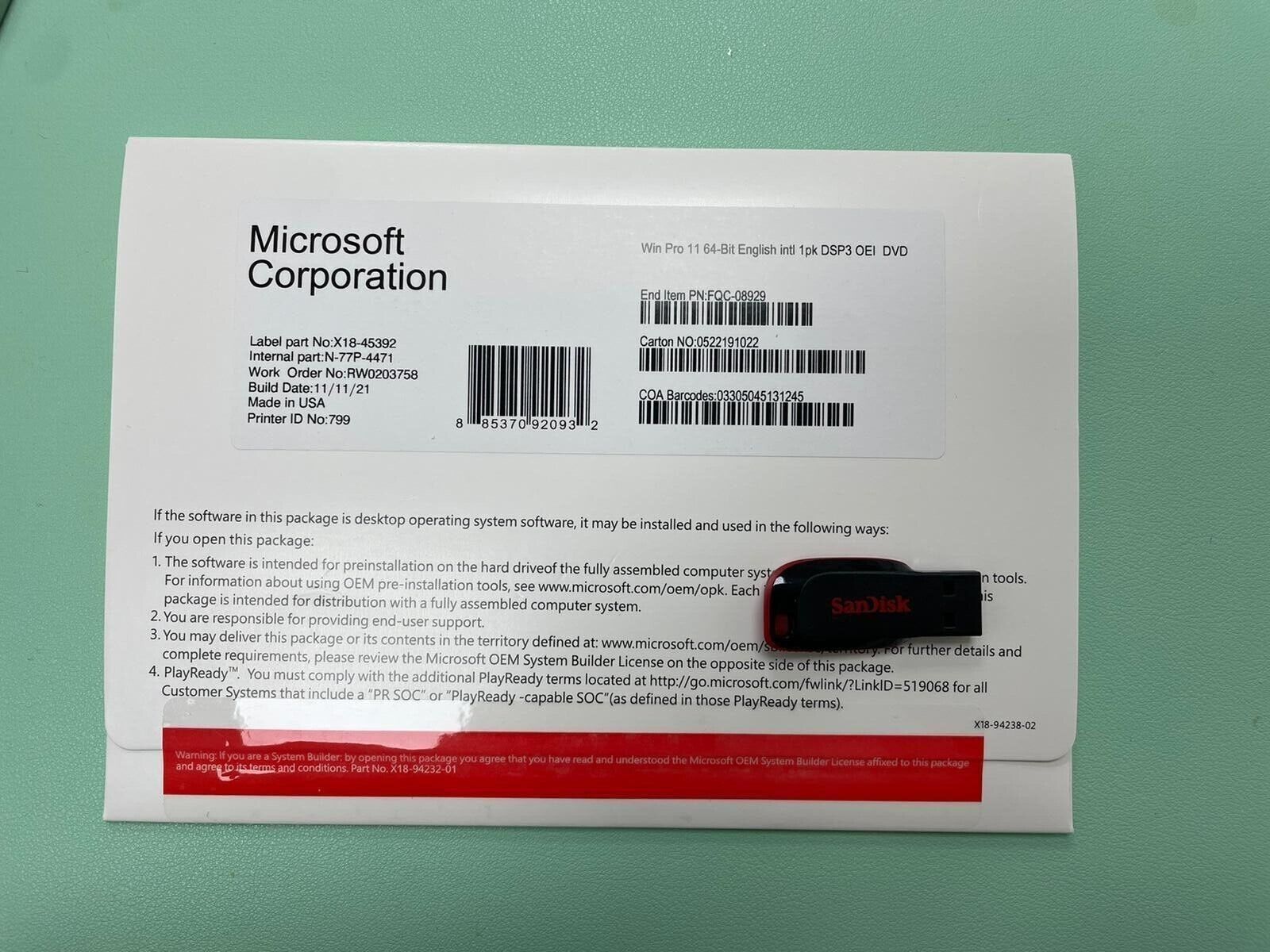 16GB USB Flash Drive with Microsoft Windows 11 Pro 64-bit OEI DVD - English 