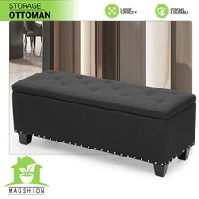 42" Black Storage Bench Lift Top Tufted Poufs Ottoman Upholstered Footrest Stool