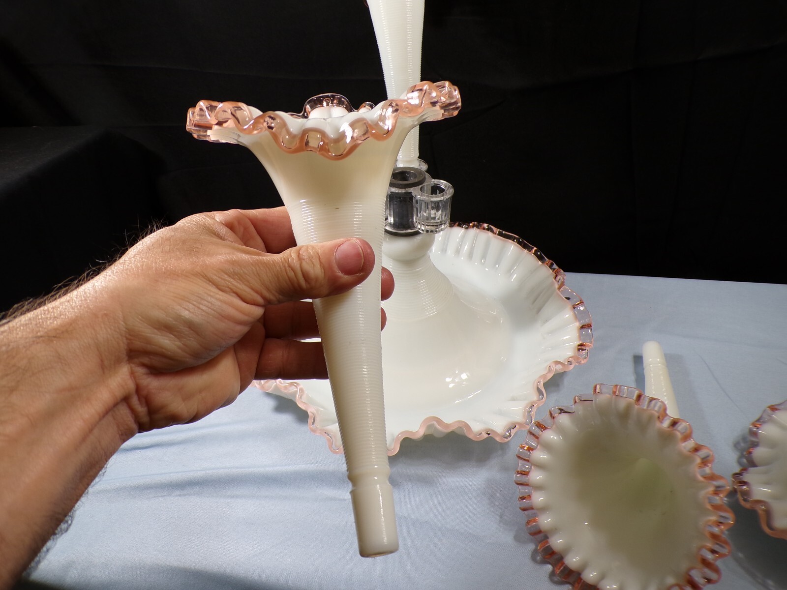 Fenton For L.G. Wright Milk Glass Pink Rose Crest Four 4 Horn Epergne