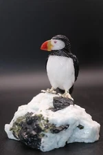 Peter Muller Hand Carved Obsidian & Quartz Puffin on Tourmaline Base 3 1/4" Tall