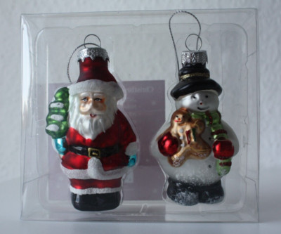 2 St. Christbaumschmuck (Schneemann+ Santa) Echt-Glas mit Metallclip