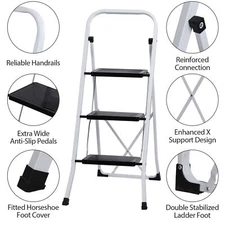 Ladder Folding Non Slip Safety Tread Heavy Duty Industrial White 3 Steps