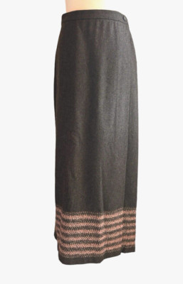Petite Sophisticate 8P Wool Gray Pink Border Accent Wrap Lined Midi Pencil Skirt