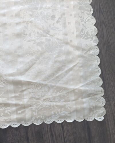 Vintage HUGE Off White Cotton Tablecloth 58" x 115" Scalloped Edges Rose Floral - Picture 1 of 9