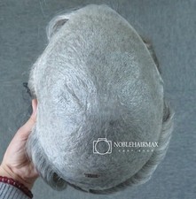 Mens Toupee Hair Replacement System Ultra Thin Skin Human Grey Hair Piece #1B80