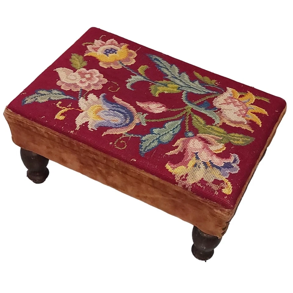 Vintage Floral Needlepoint Footstool with Velvet Sides & Solid Wood Legs - Image 2 of 4
