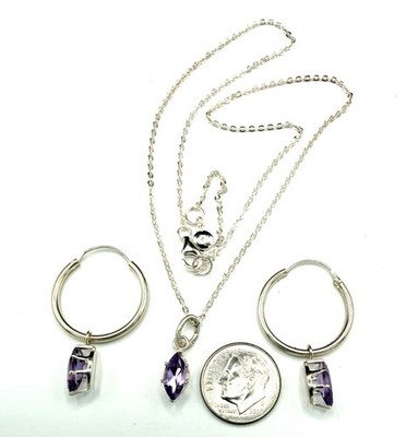 Vintage Amethyst Hoop Earrings Pendant Set Sterling Silver w Kit Heath Chain 5.6