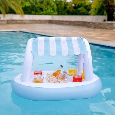 PoolCandy Inflatable Floating Buffet Bar with Canopy - Blue & White Cabana Strip
