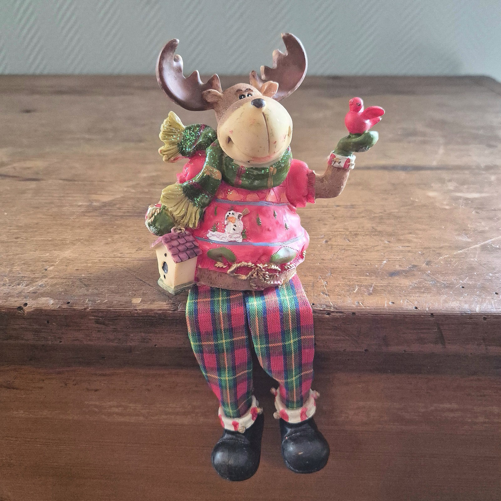 Figura de reno Rudolph vintage de cerámica y tela estatuilla de Navidad linda