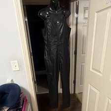 Women  s Black Solid Faux Leather Sleeveless Zip Front Straight Leg Jumpsuit XL