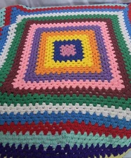 Vtg Granny Square Afghan Lap Blanket Throw Hand Made Crochet Multicolor 38"x39"