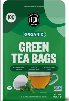 FGO Organic Green Tea Bags Bagged USDA Organic Non-GMO 100 Count 7oz 200g