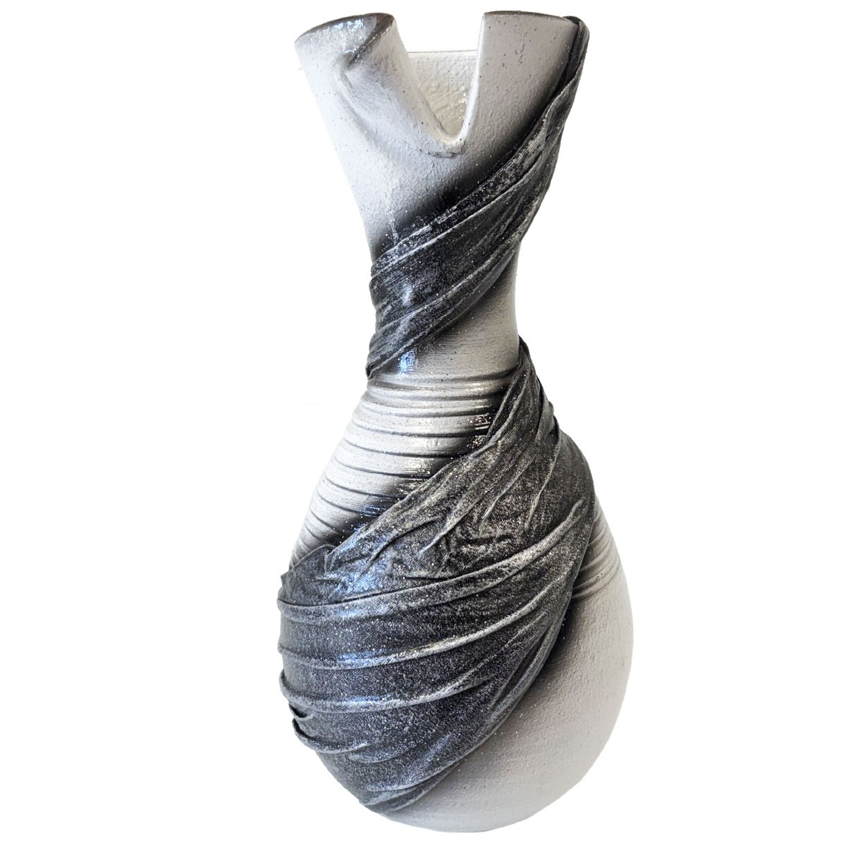 Vase drapé blanc et gris pailleté 30 cm | Œuvre artisanale unique