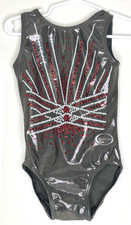 Ozone Youth YS CS Child Small S Gymnastics Leotard Gray Foil Red White Sequins
