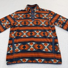 Eddie Bauer Pullover Mens M Orange Geometric Fleece Snap Mock Neck Top Pockets