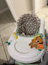 Baby Walker Walking Aid w/ Toy Tray Elephant Print Seat White Gray Green