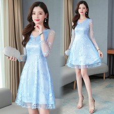 Women Long Sleeve Lace Embroidery Floral Fit Flare Evening Party Prom Dress