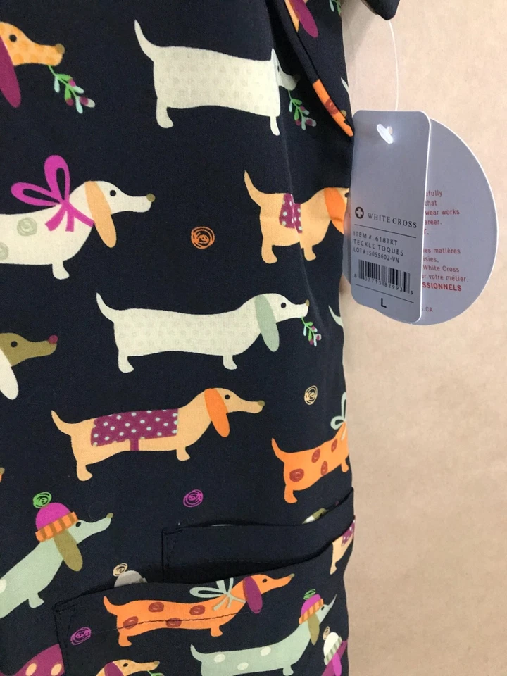 White Cross VNeck Scrub Top L Dachshund Teckle Toques 618TKT NWT Free Shipping - Image 4 of 4
