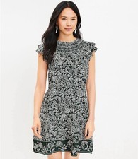 NWT LOFT Garden Ruffle Tiered Swing Black Green Floral Dress XS Petite Smocked