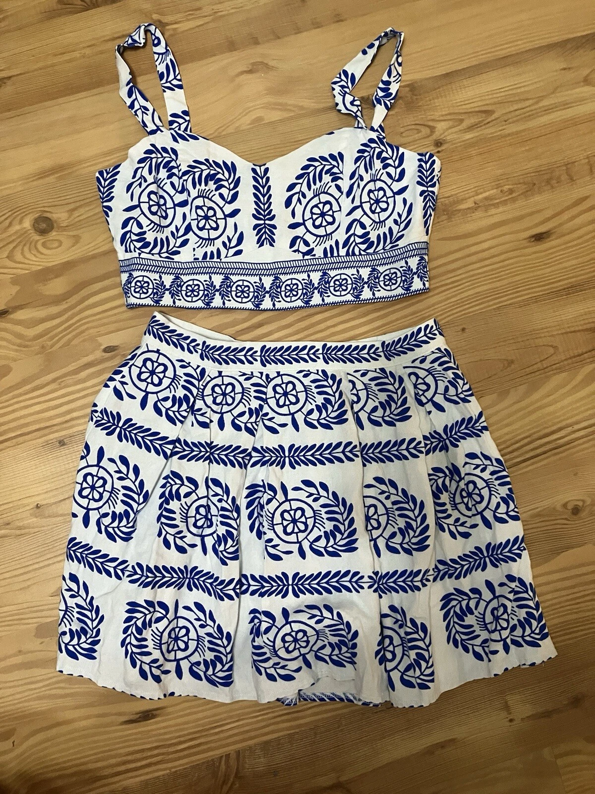 Milla Blue And White Linen Skirt Set Women Sz Large Made In South Africa