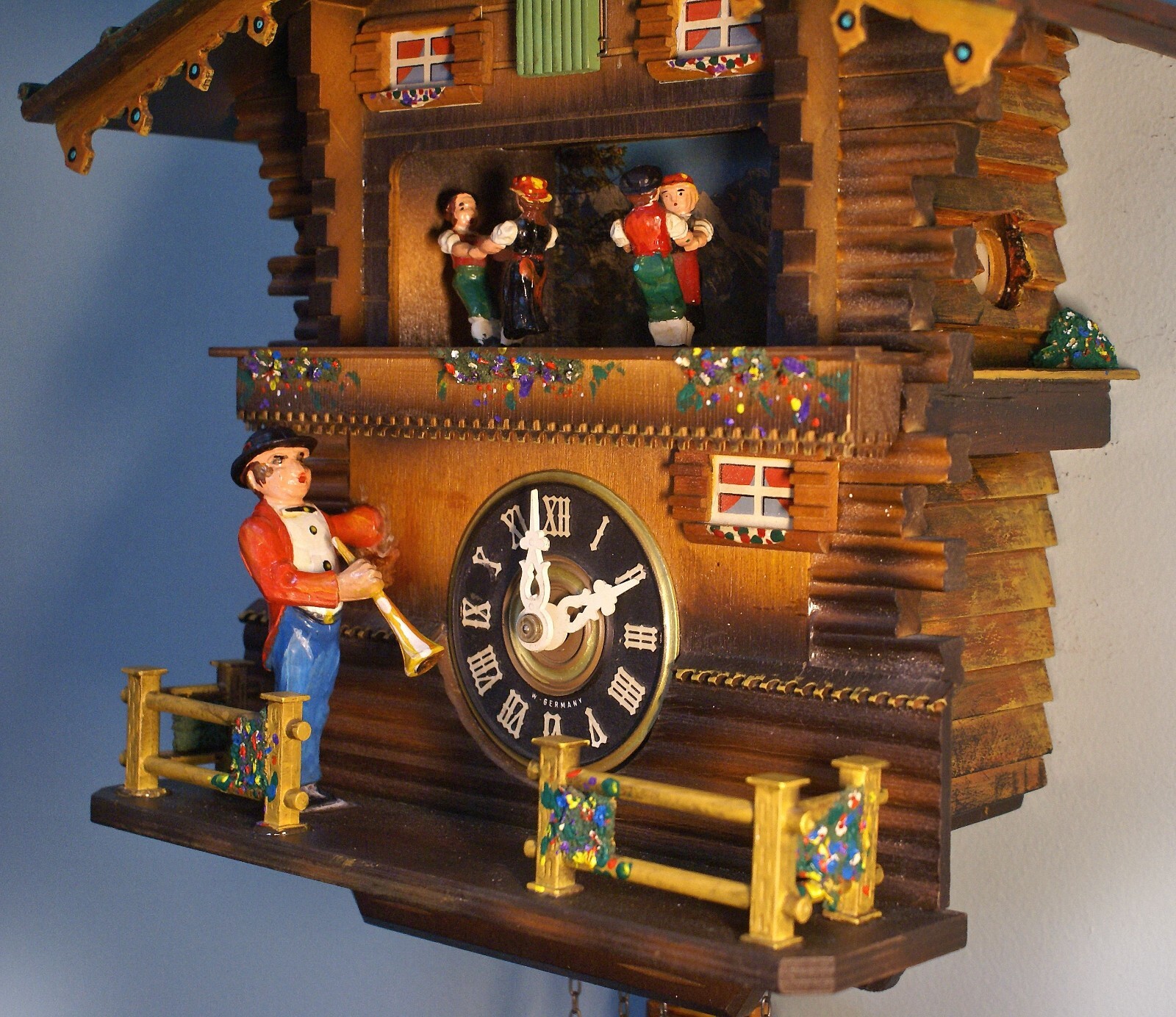 Trumpeter cuckoo clock germany black forest vintage one of a kind