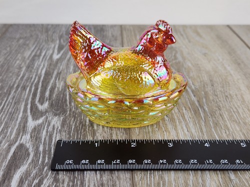 Marigold Carnival Glass Mini Hen on Nest Covered Candy Dish 3.5" -Glows! - Picture 7 of 8