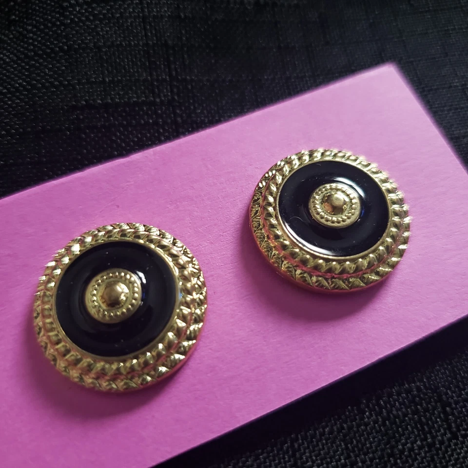 2x Vintage 21mm Black Enamel Braided Rope Gold-Tone Metal Circle Shank Buttons - Image 3 of 4