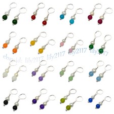 8mm Multicolor Jade Round Gems 7-8mm White Pearl Dangle Silver Leverback Earring