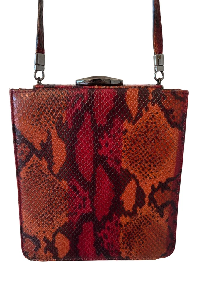 Vintage Lamarthe Italy Snake Print Leather Shoulder Bag Wine Metal Clasp Closure - Image 2 of 4