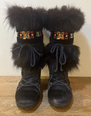 VTG 90s Tecnica Skandia Fur Apres Ski Mukluk Boots Italy Goat Hair Women 8 EU 39