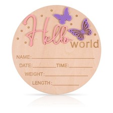 Baby Announcement Sign, 5.9 Inch Wooden Hello World Newborn Welcome Sign Birt...