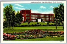 Vtg Linen Postcard Southeastern Junior High School Battle Creek, MI 1940s