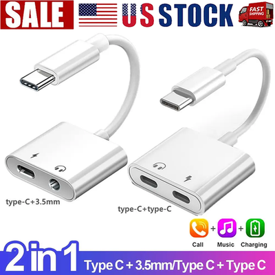 #ad 2 in 1 Charger Headphone USB Type C to 3.5mm Aux Audio Cable Cord Adapter lot $39.52