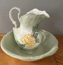 Vintage Hand Painted Ceramic Pitcher & Wash Basin Set Large Yellow Rose Signed