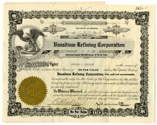 AZ. Danadium Refining Corp. 1929. 3 350 Shrs I/U Capital Stock Cert. Fine VF.