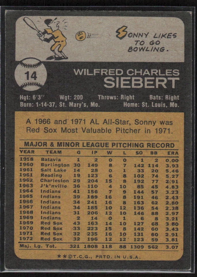 1973 Topps #14 Sonny Siebert - $1 SHIPPING (JB4) - Image 2 of 2