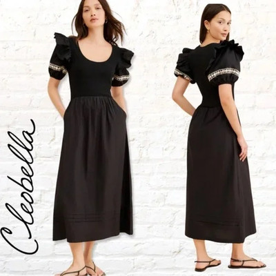 Cleobella Selma Midi Black Puff br Sleeve Midi Dress Boho Cottagecore SZ M NWT