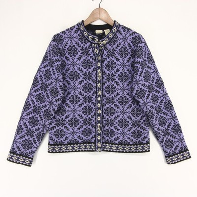Vintage LL Bean Cardigan Sweater Womens S Purple Fair Isle Merino Wool Button Up