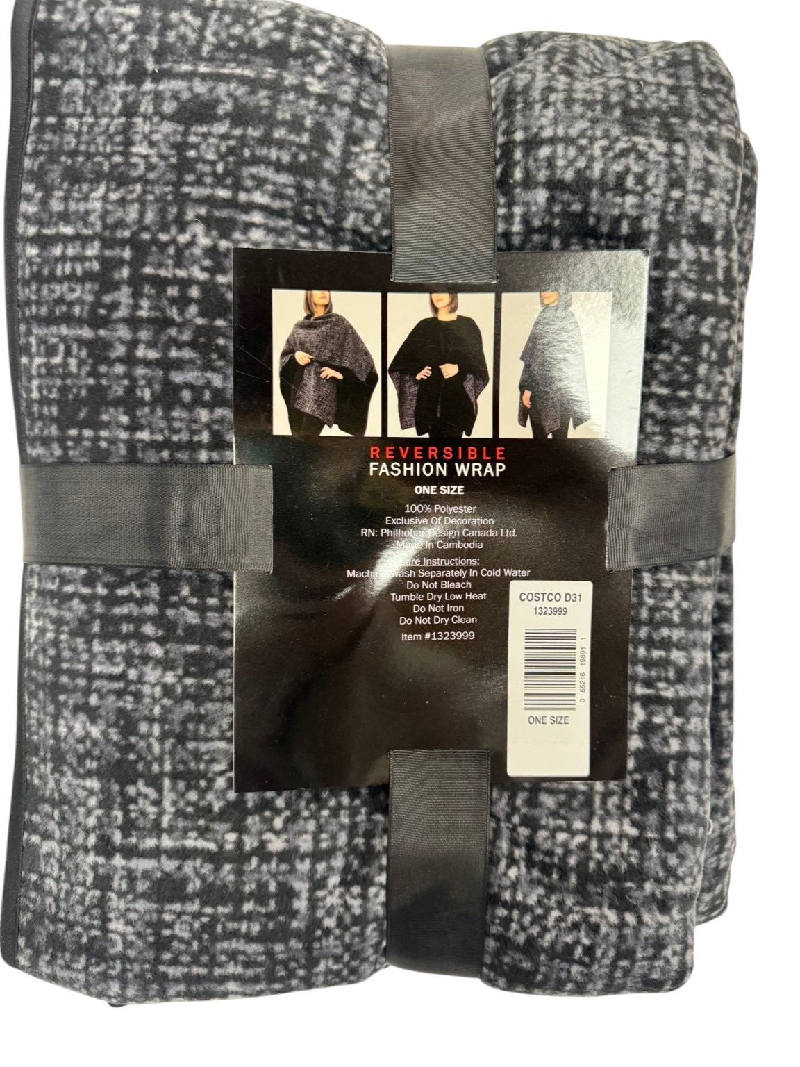 IKE BEHAR Women's Black Gray One Size Reversible Polyester Tweed Knit Wrap image 2