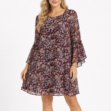L Burgundy Floral Paisley Chiffon Midi Shift Dress 3/4 Bell Sleeve Y2K Boho Chic