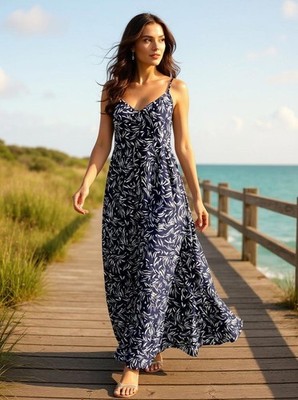 Hemish USA Navy Blue and White Leaf Print Maxi Dress