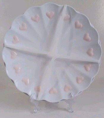 4 Pink Hearts on White Scalloped Melamine Dinner Plates 11'' Valentine's Day Fun